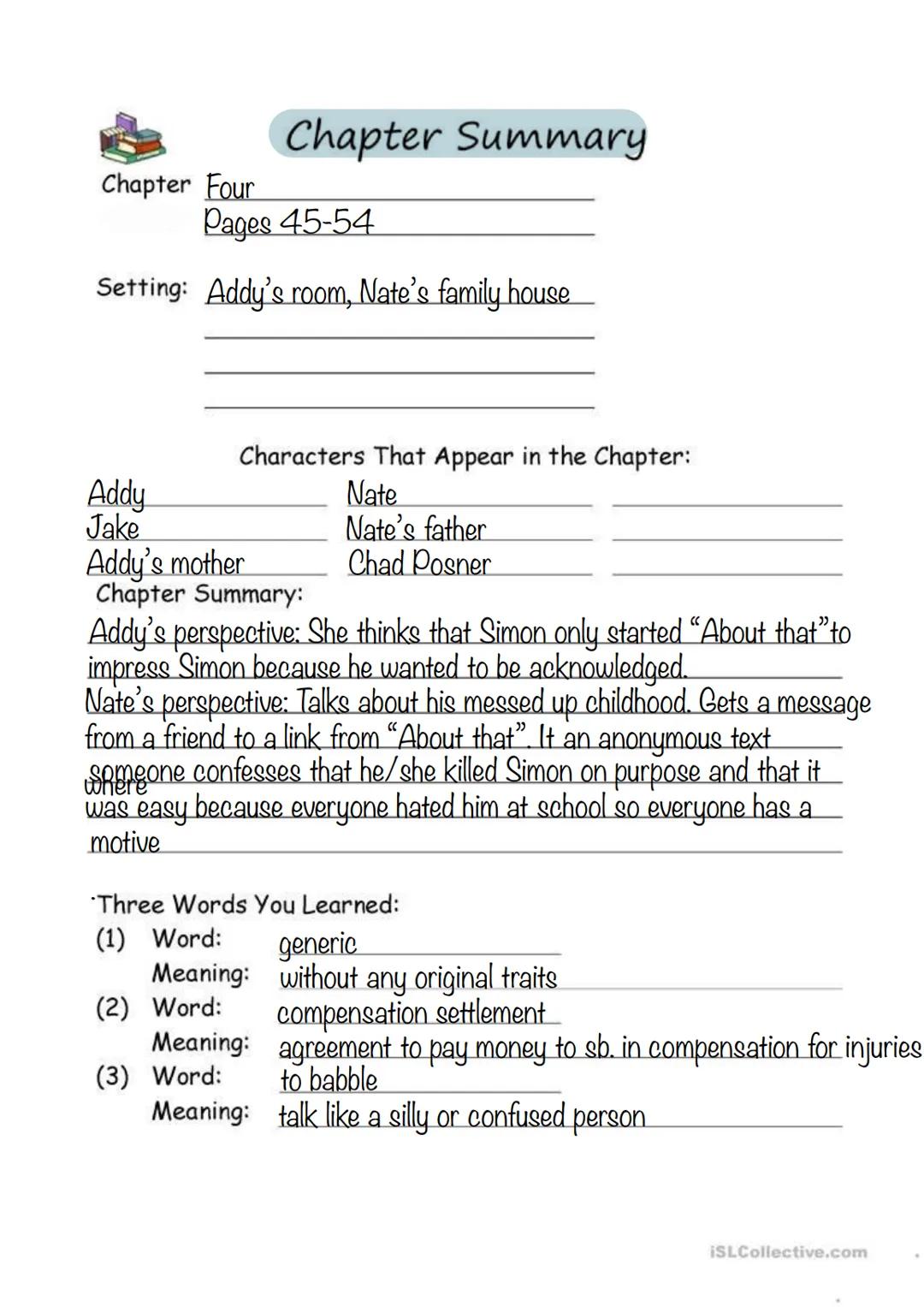 One Of Us Is Lying, List of contents
Page 1: cover
Page 2: list of contents
Pages 3-32: chapter summaries
Page 33: some important things
Pag
