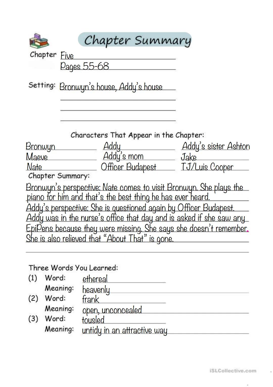 One Of Us Is Lying, List of contents
Page 1: cover
Page 2: list of contents
Pages 3-32: chapter summaries
Page 33: some important things
Pag