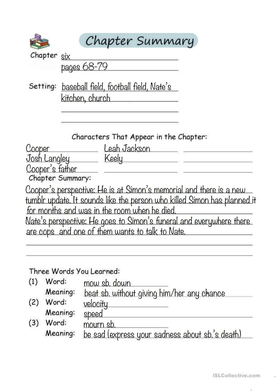 One Of Us Is Lying, List of contents
Page 1: cover
Page 2: list of contents
Pages 3-32: chapter summaries
Page 33: some important things
Pag