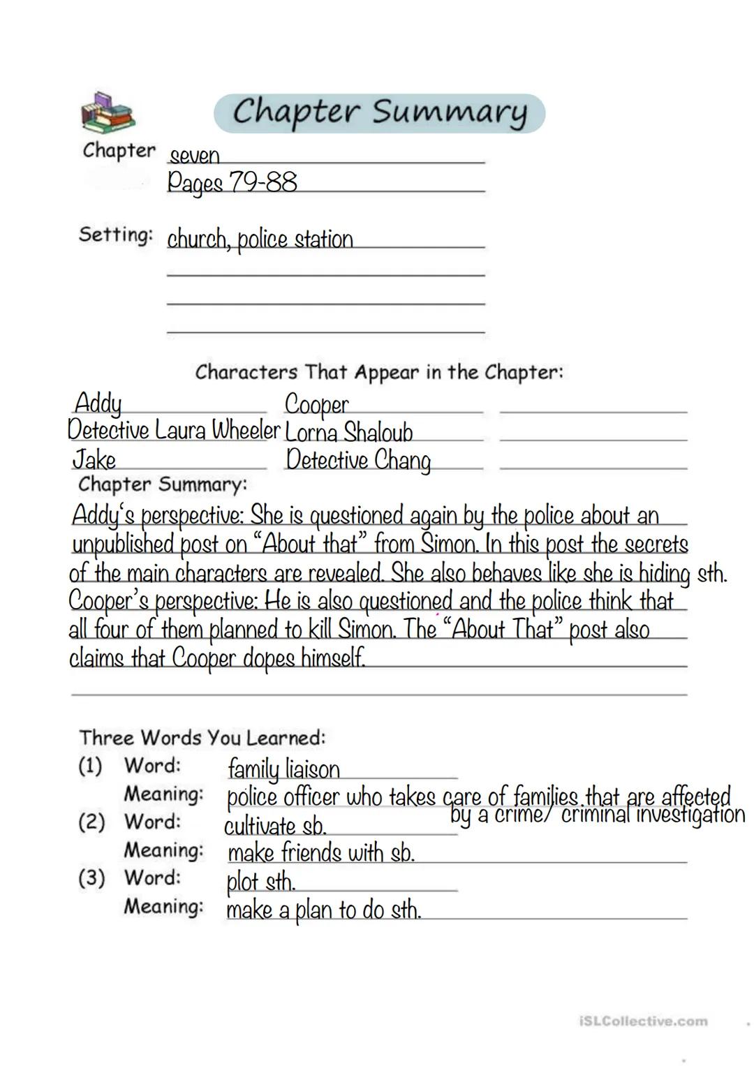 One Of Us Is Lying, List of contents
Page 1: cover
Page 2: list of contents
Pages 3-32: chapter summaries
Page 33: some important things
Pag