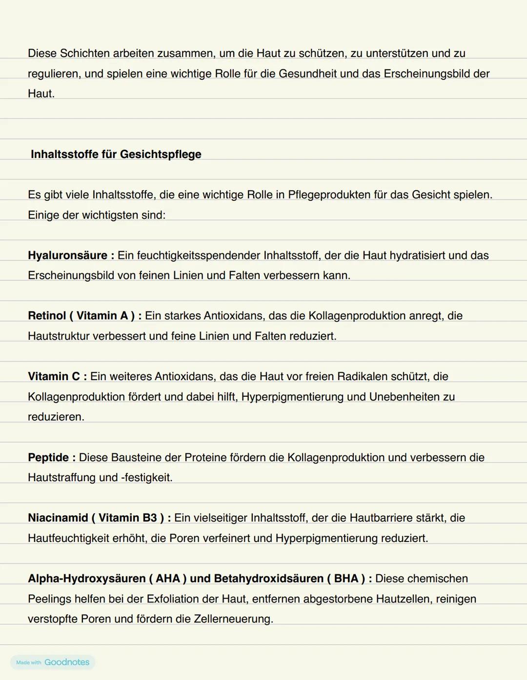 Kosmetik
Made with Goodnotes Kosmetik Zusammenfassungen
Verschiedene Hauttypen
1. Normale Haut :
• Ausgeglichener Freuchtigkeits- und Talgge