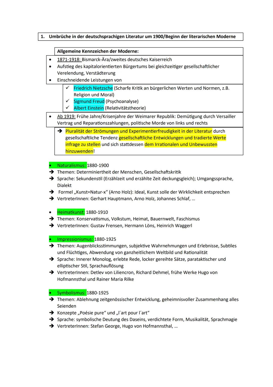 Letzte Deutsch LK-Klausur vor dem Abitur 2024
Literarische Strömungen um 1900 und Leitfaden für Kurprosatext und Gedichtvergleich
Inhalte:
1