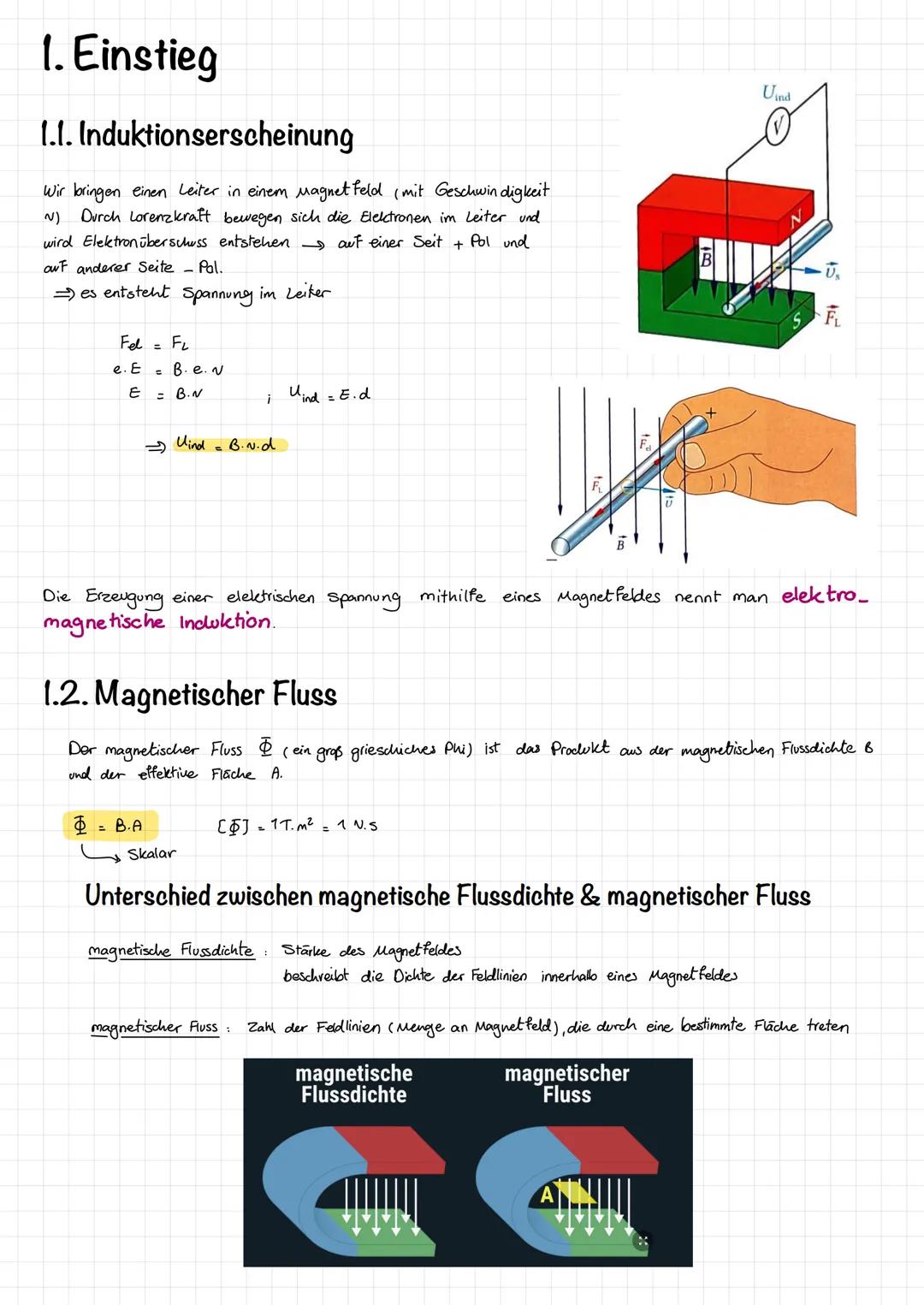 # 1. Einstieg
1. 1. Induktionserscheinung
Wir bringen einen Leiter in einem Magnet Feld (mit Geschwin digkeit
~)
Durch Lorenzkraft bewege
