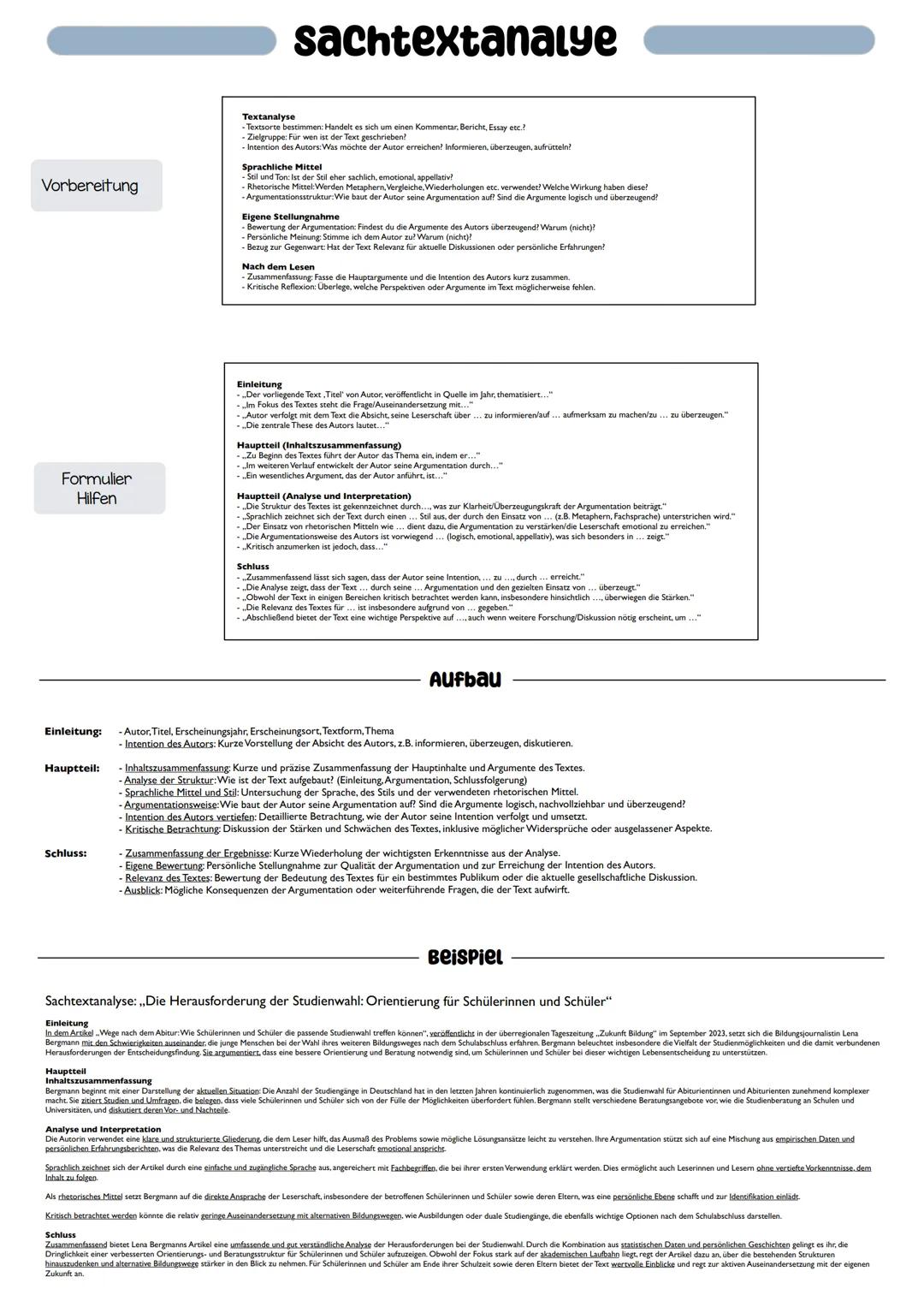 # sachtextanalye
Vorbereltung
Textanalyse
-Textsorte bestimmen: Handelt es sich um einen Kommentar, Bericht, Essay etc.?!
-Zielgruppe: F