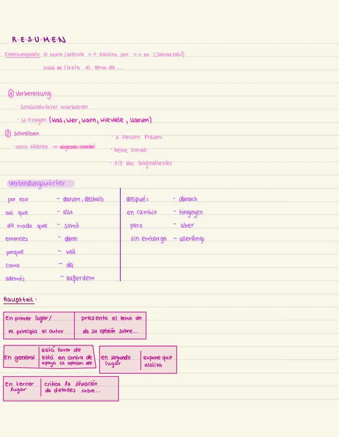 RESUMEN
Einleitungssatz: El texto / articulo <..> escrito por <-> en (Jahreszahl).
trata de trata el tema de...
Vorbereitung
·Schlüsselwörte