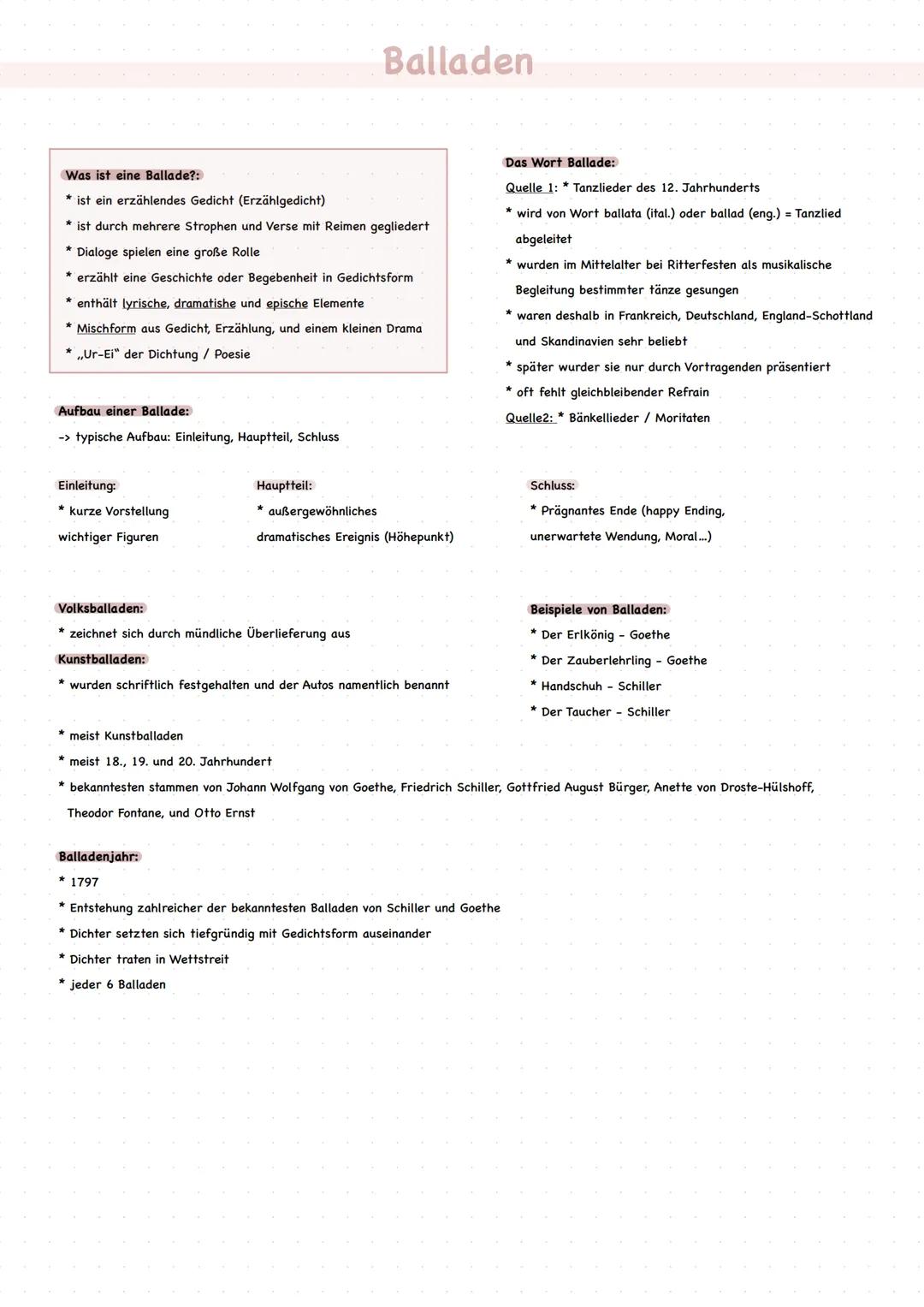 Balladen
Was ist eine Ballade?:
* ist ein erzählendes Gedicht (Erzählgedicht)
* ist durch mehrere Strophen und Verse mit Reimen gegliedert
*
