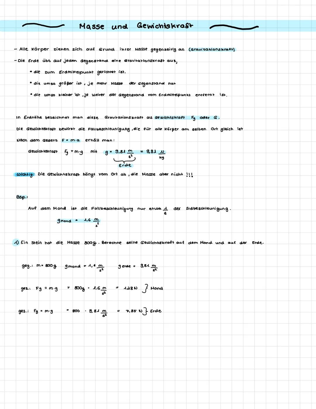 Masse und
Gewichtskraft
- Alle Körper zienen sich auf Grund ihrer Masse gegenseitig an (Gravitationskraft)
- Die Erde übt auf jeden Gegensta