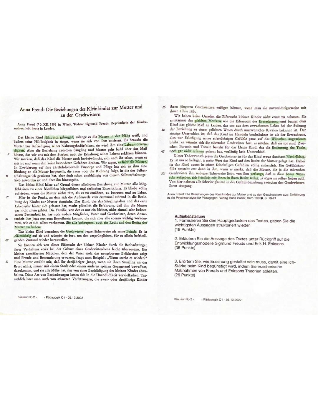 Anna Freud: Die Beziehungen des Kleinkindes zur Mutter und
zu den Geschwistern
Anna Freud (3. XII. 1895 in Wien), Tochter Sigmund Freuds, Be