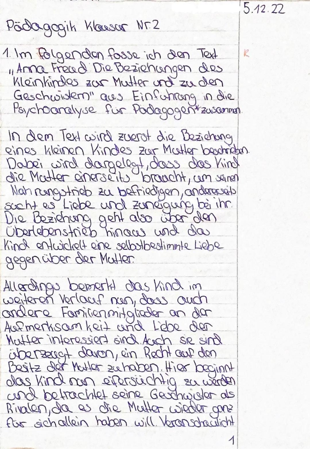 Anna Freud: Die Beziehungen des Kleinkindes zur Mutter und
zu den Geschwistern
Anna Freud (3. XII. 1895 in Wien), Tochter Sigmund Freuds, Be