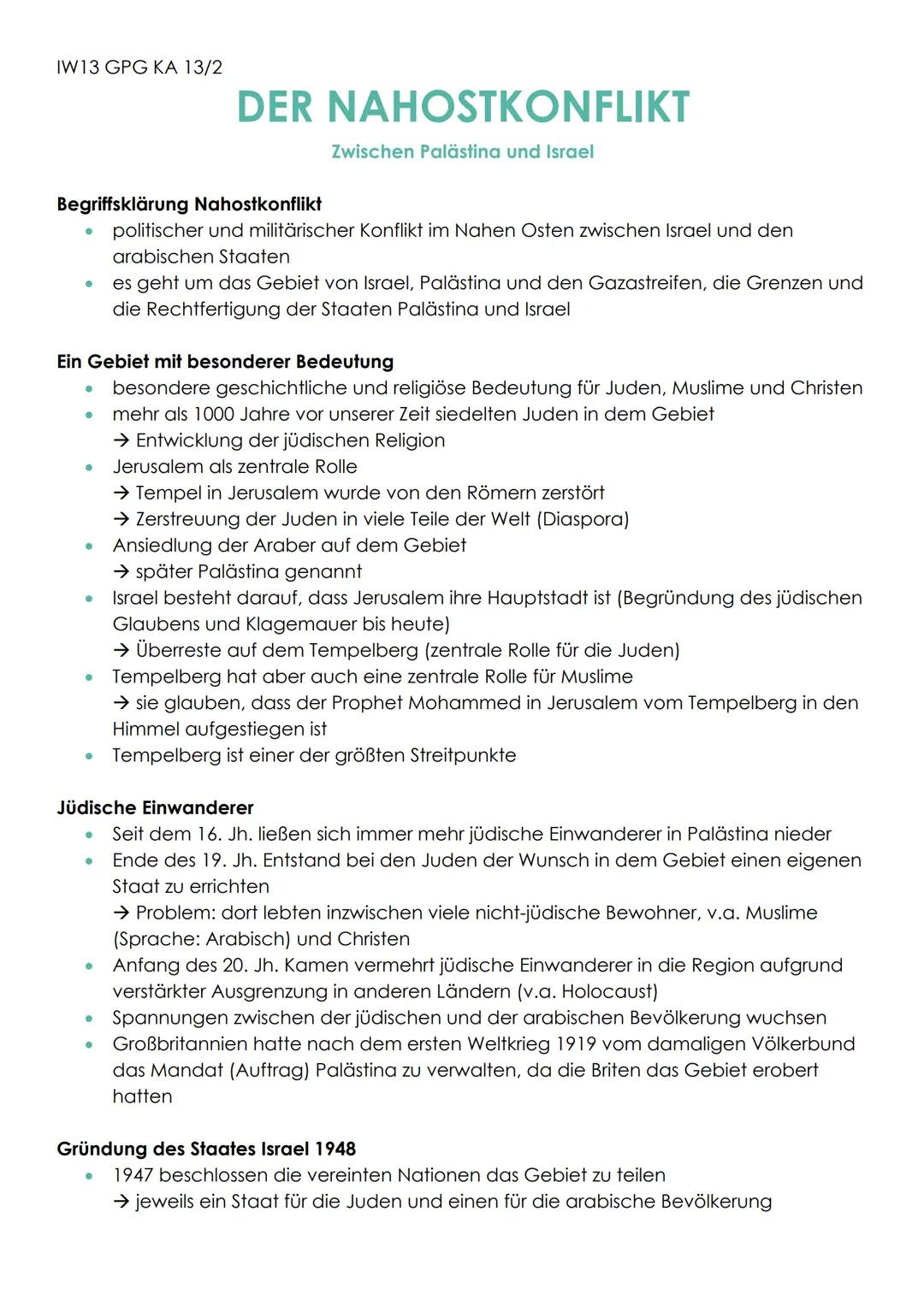 IW13 GPG KA 13/2
DER NAHOSTKONFLIKT
Zwischen Palästina und Israel
Begriffsklärung Nahostkonflikt
politischer und militärischer Konflikt im N