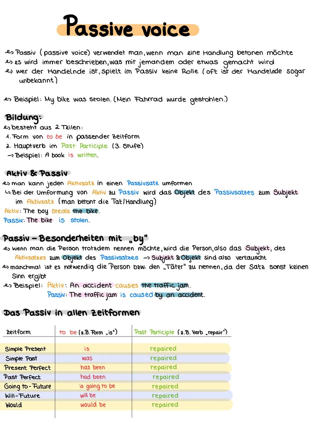 # Passive voice
es Passiv (passive voice) verwendet man, wenn man eine Handlung betonen möchte
es es wird immer beschrieben, was mit jemand
