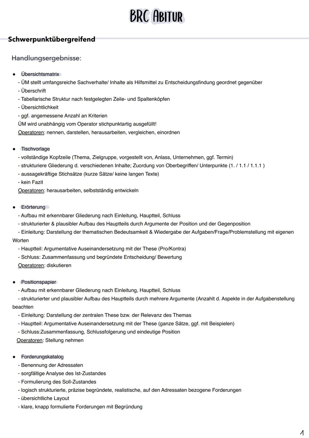 Schwerpunktübergreifend
Handlungsergebnisse:
•
Übersichtsmatrix
BRC ABITUR
-ÜM stellt umfangsreiche Sachverhalte/ Inhalte als Hilfsmittel zu