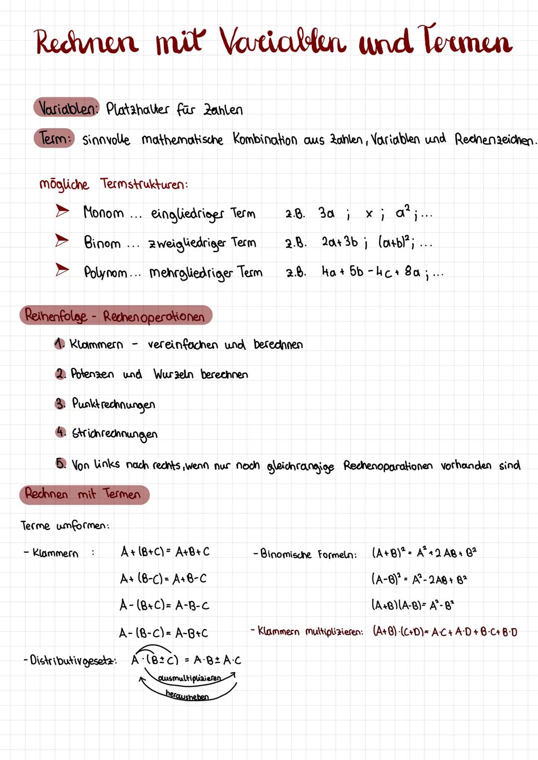 Rechnen mit Variablen und Termen
Variablen Platzhalter für Zahlen
Term: sinnvolle mathematische Kombination aus Zahlen, Variablen und Rechen