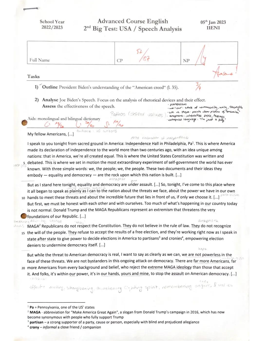 Klausur USA & speech analysis