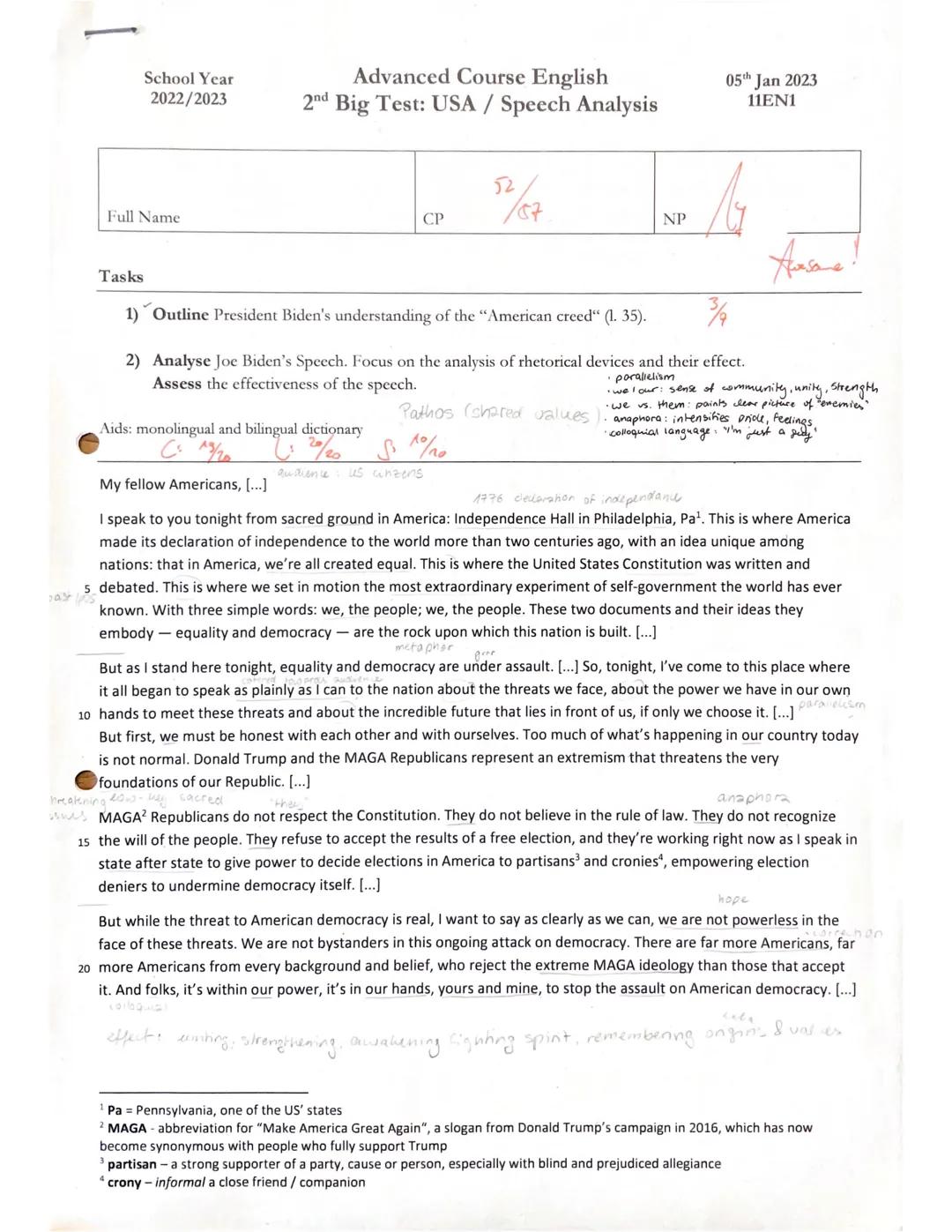 School Year
2022/2023
Advanced Course English
2nd Big Test: USA / Speech Analysis
05th Jan 2023
11EN1
Full Name
Tasks
CP
52/87
NP
Ansane!
3/