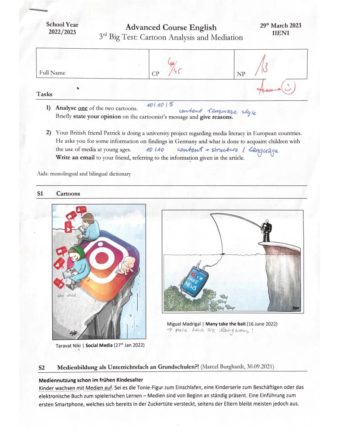 School Year
2022/2023
Advanced Course English
3rd Big Test: Cartoon Analysis and Mediation
Full Name
Tasks
1) Analyse one of the two cartoon