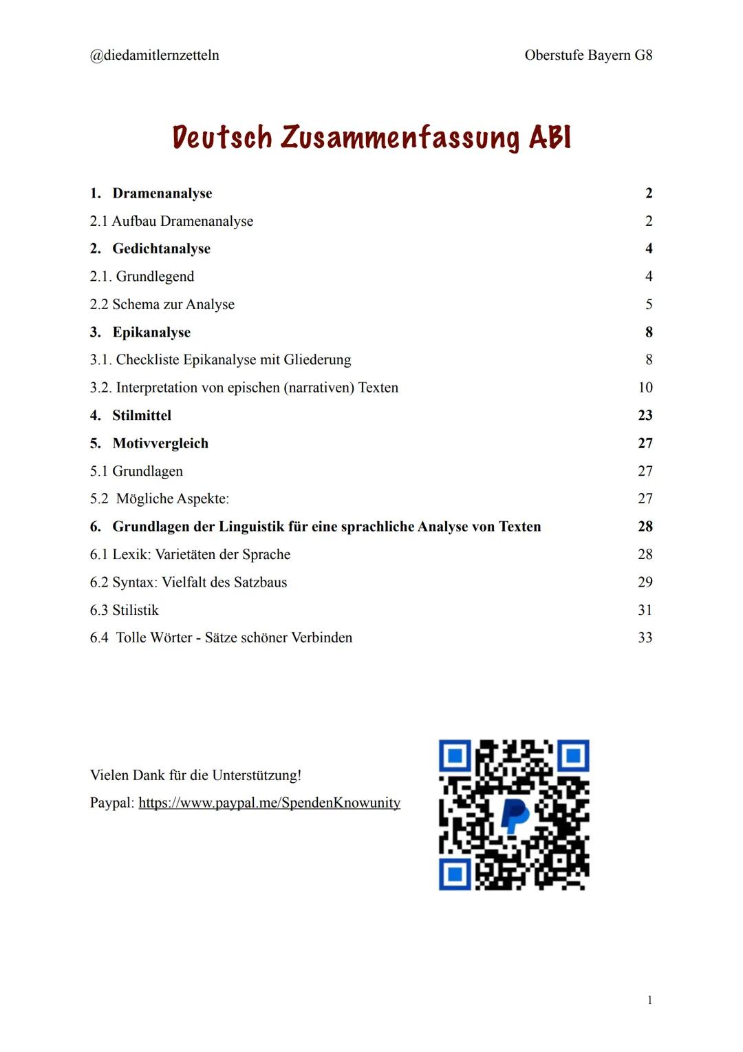 @diedamitlernzetteln
Oberstufe Bayern G8
# Deutsch Zusammenfassung ABI
1. Dramenanalyse
2
2.1 Aufbau Dramenanalyse
2
2. Gedichtanalyse
4
2