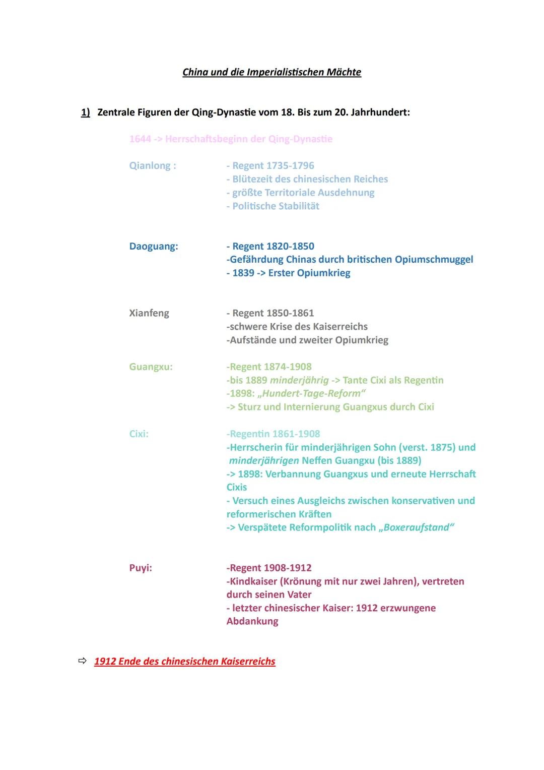 # China und die Imperialistischen Mächte
1) Zentrale Figuren der Qing-Dynastie vom 18. Bis zum 20. Jahrhundert:
1644 -> Herrschaftsbeginn