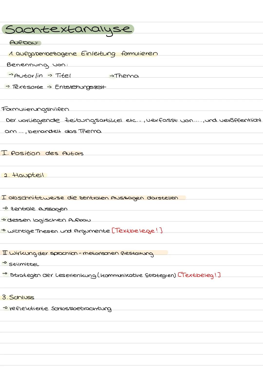 Sachtextanalyse
Aufbau:
1. aufgabenbezogene Einleitung formulieren
Benennung von:
Autorlin Titel
→ Textsorte - Entstehungszeit
Thema
Formuli