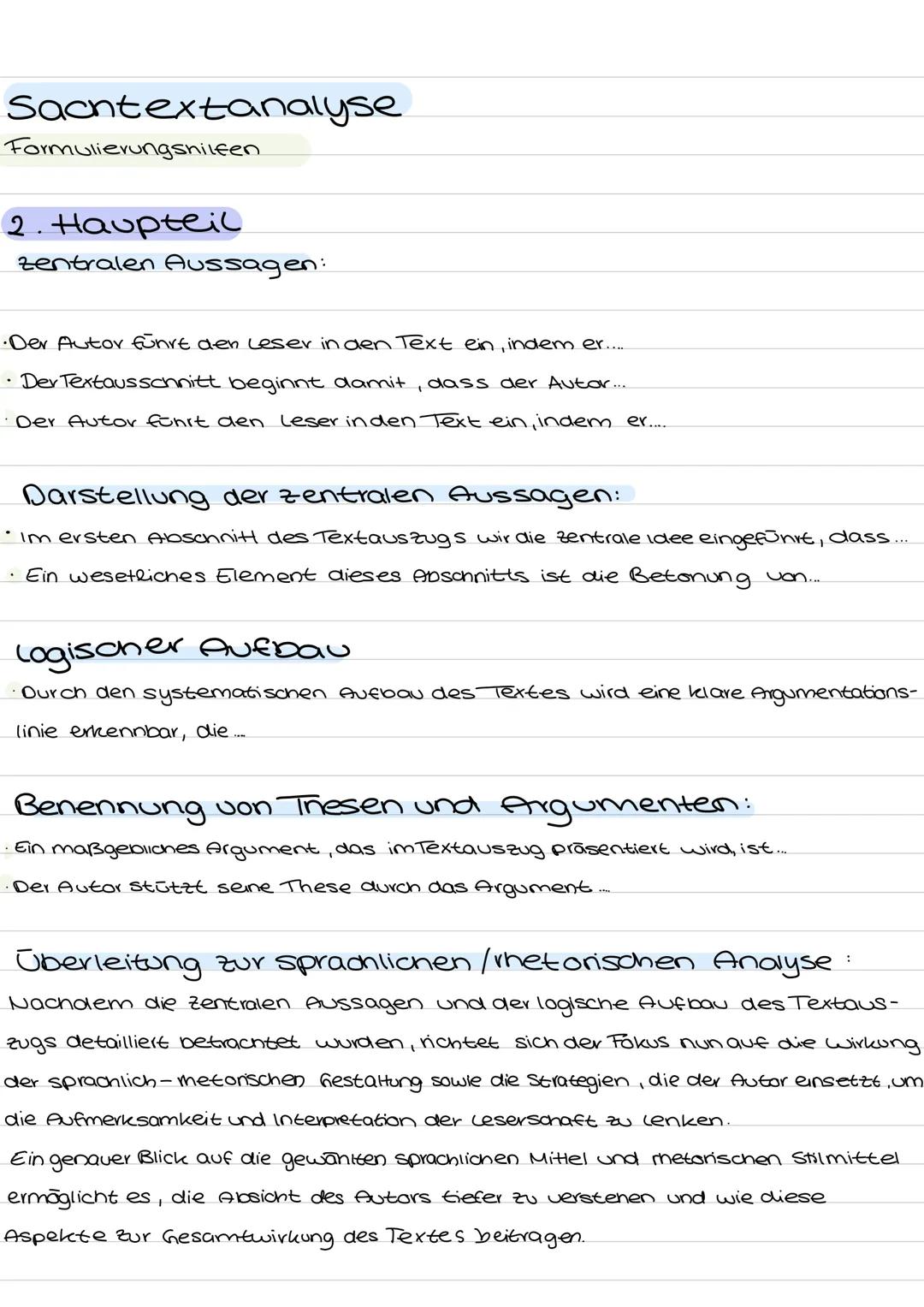 Sachtextanalyse
Aufbau:
1. aufgabenbezogene Einleitung formulieren
Benennung von:
Autorlin Titel
→ Textsorte - Entstehungszeit
Thema
Formuli
