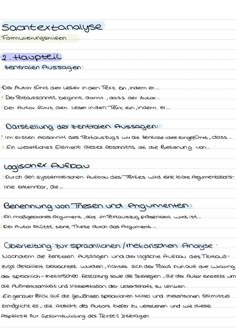 Sachtextanalyse
Aufbau:
1. aufgabenbezogene Einleitung formulieren
Benennung von:
Autorlin Titel
→ Textsorte - Entstehungszeit
Thema
Formuli