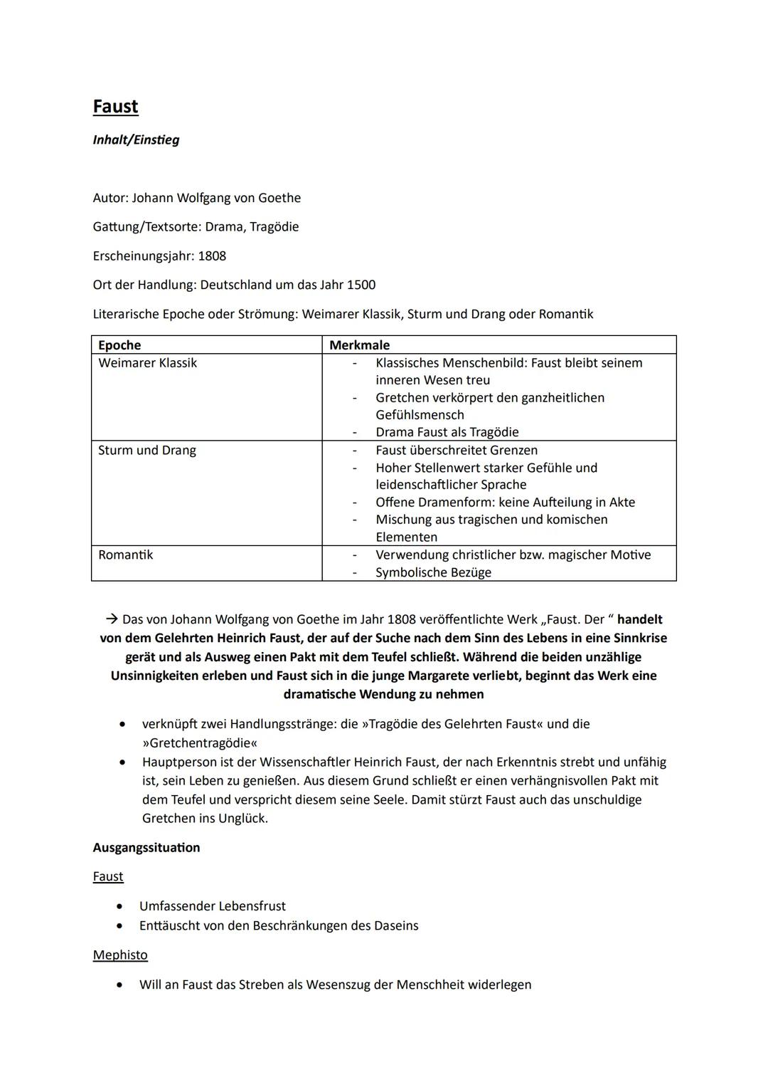 Faust
Inhalt/Einstieg
Autor: Johann Wolfgang von Goethe
Gattung/Textsorte: Drama, Tragödie
Erscheinungsjahr: 1808
Ort der Handlung: Deu