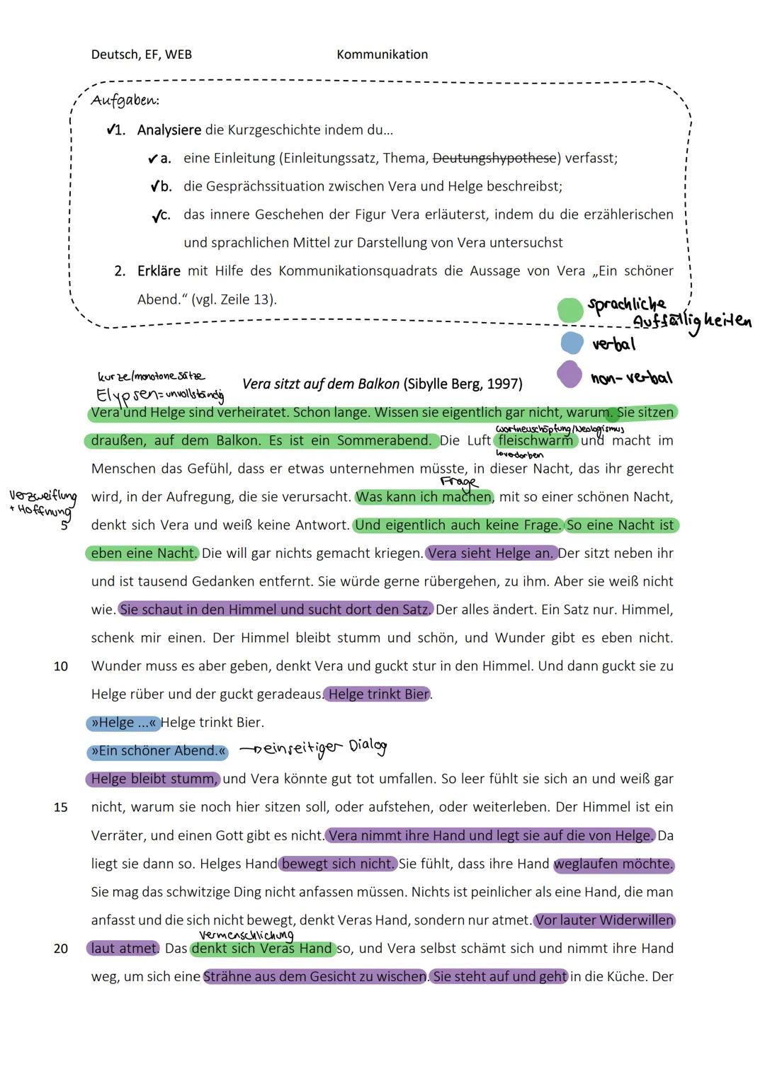 Deutsch, EF, WEB
Aufgaben:
Kommunikation
1. Analysiere die Kurzgeschichte indem du...
✓a. eine Einleitung (Einleitungssatz, Thema, Deutungsh