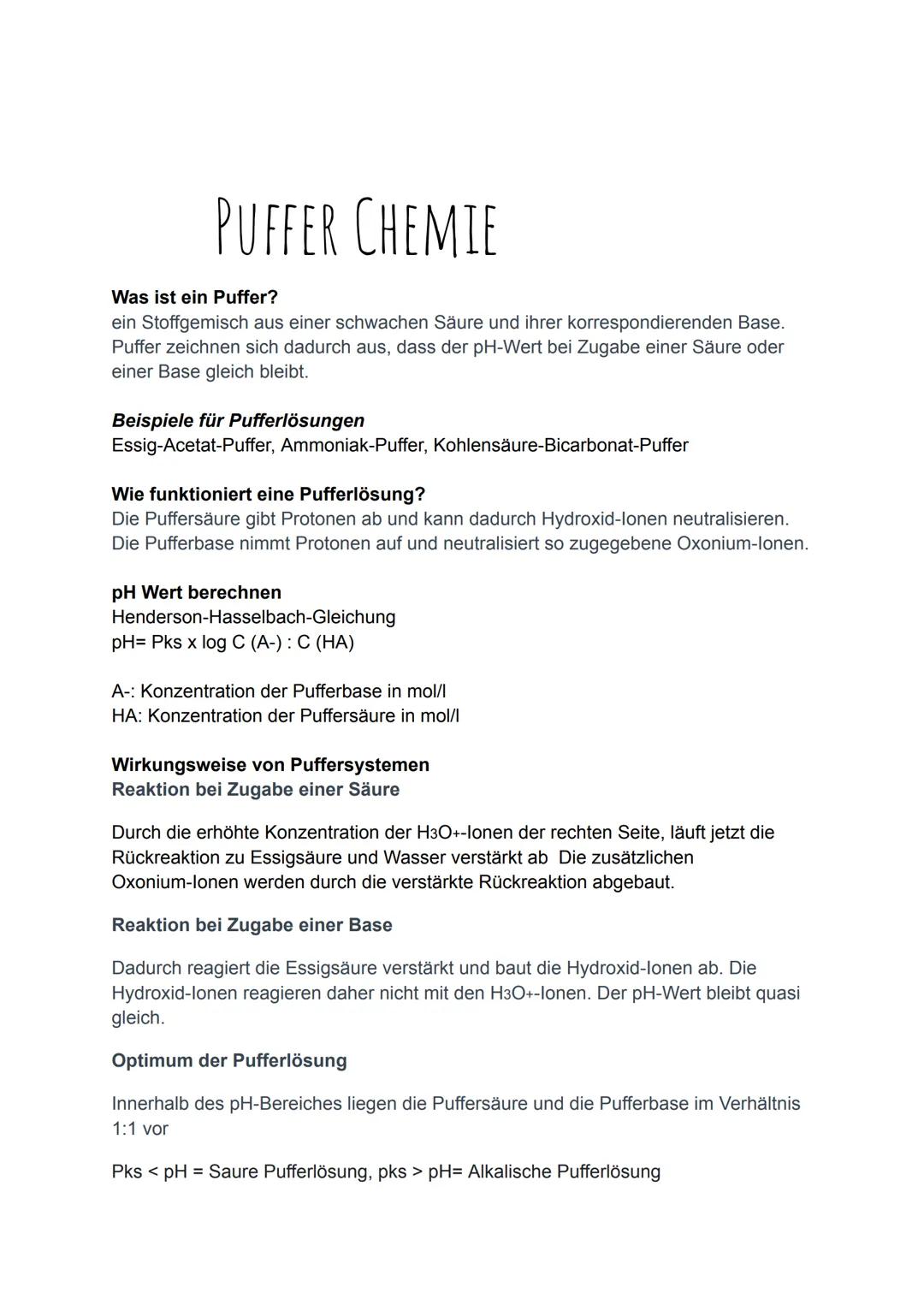 # PUFFER CHEMIE
Was ist ein Puffer?
ein Stoffgemisch aus einer schwachen Säure und ihrer korrespondierenden Base.
Puffer zeichnen sich dadu
