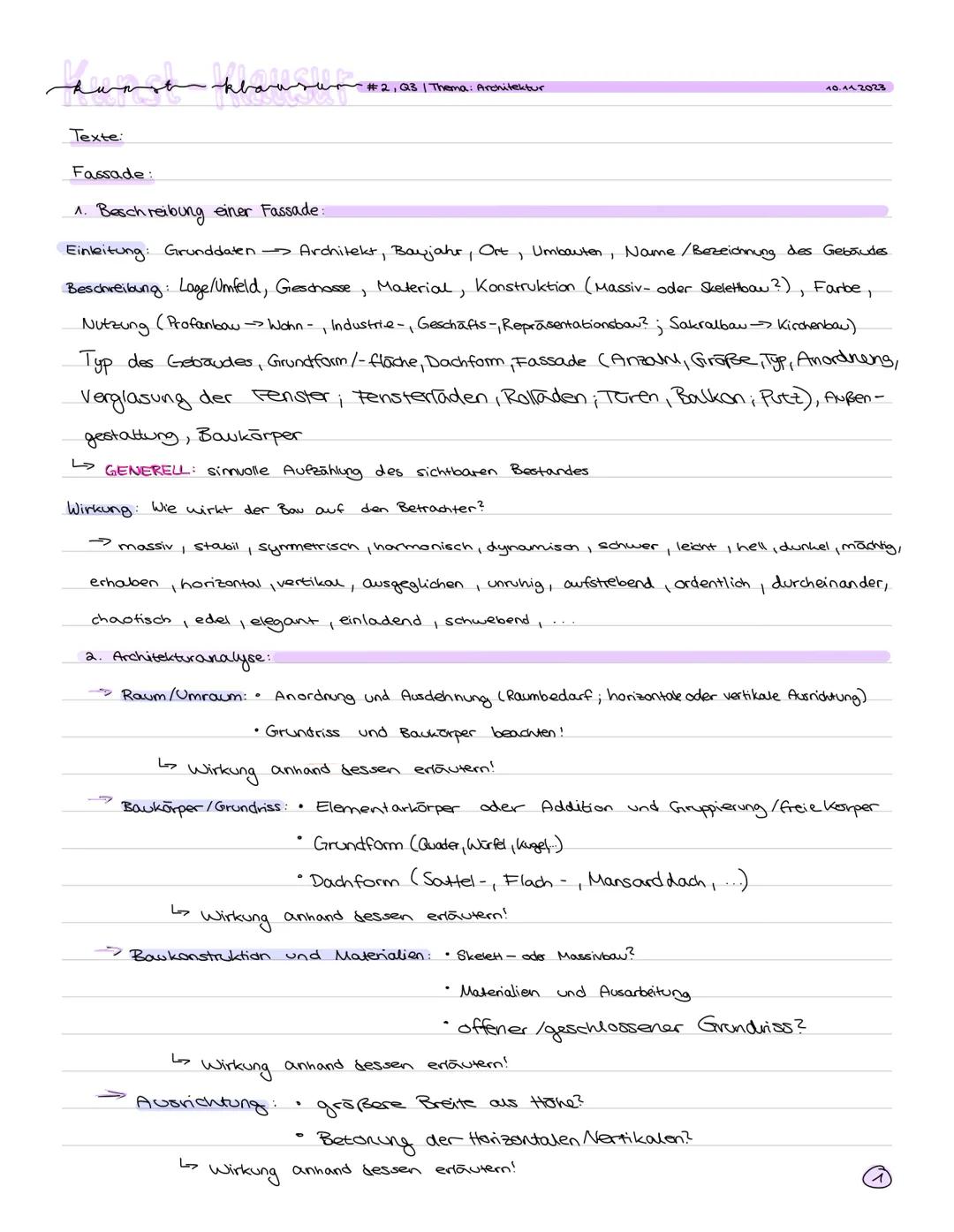 Kunst klausum #2, Q3 | Thema: Architektur
Texte:
Fassade:
1. Beschreibung einer Fassade:
10.112023
Einleitung: Grunddaten.
Architekt, B