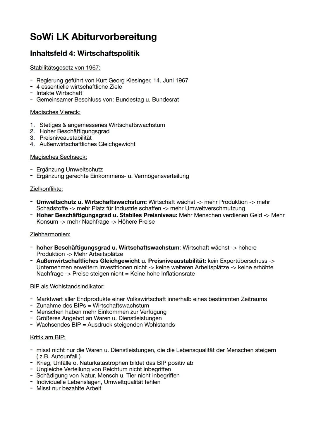 SoWi LK Abiturvorbereitung
Inhaltsfeld 4: Wirtschaftspolitik
Stabilitätsgesetz von 1967:
Regierung geführt von Kurt Georg Kiesinger, 14. Jun