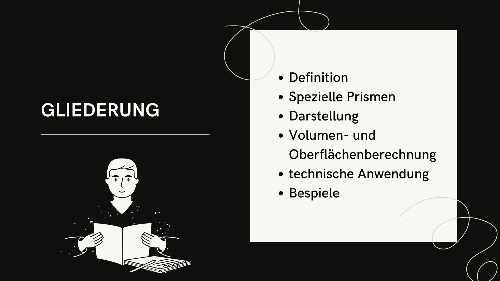 PRISMA
VICTORIA PALACIOS
ידידידידידידיו GLIEDERUNG
●
●
Definition
Spezielle Prismen
Darstellung
Volumen- und
Oberflächenberechnung
technisch