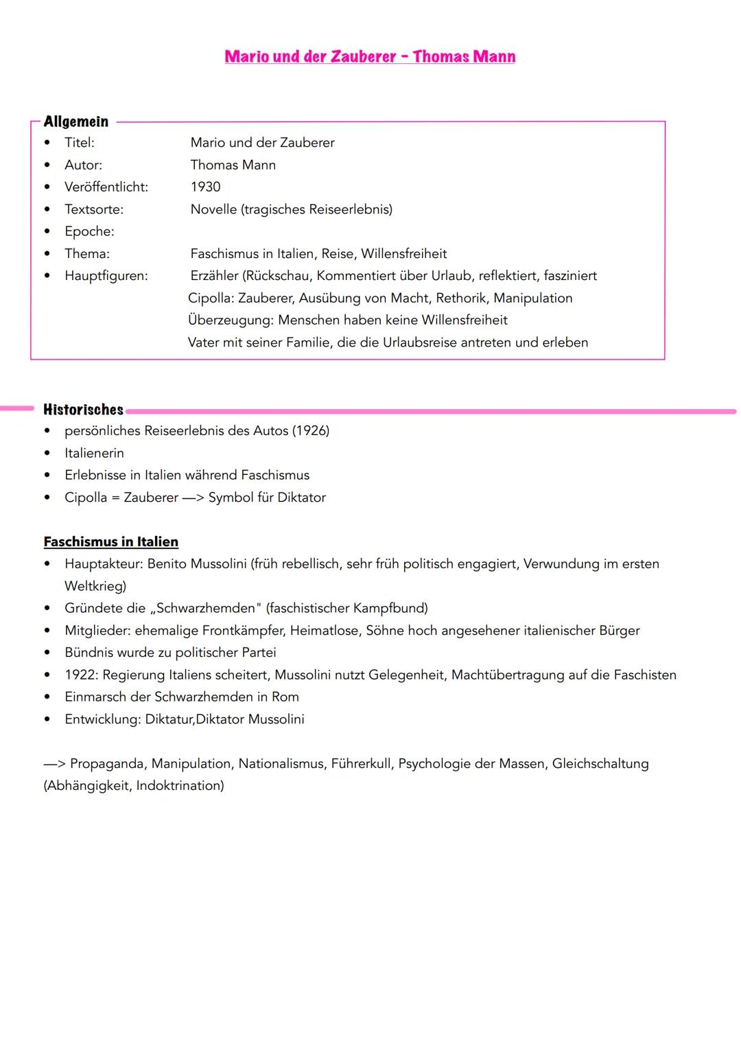 Allgemein
Titel:
. Autor:
•
Mario und der Zauberer - Thomas Mann
Mario und der Zauberer
Thomas Mann
Veröffentlicht:
1930
Textsorte:
Epoche: