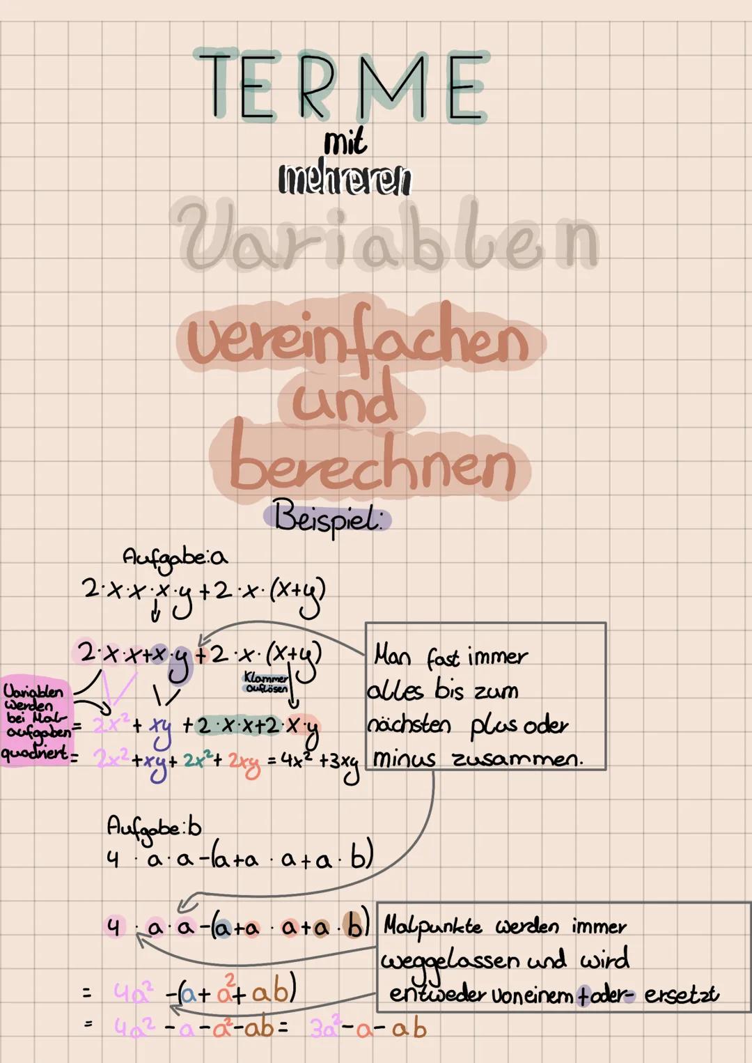 # TERME
mit
mehreren
Variablen
Vereinfachen
und
berechnen
Beispiel:
Aufgabe a
2xxjxy+2x(x+y)
2:x:x+xy+2.x. (x+y)
Ouflösen
+ xy +2.x
