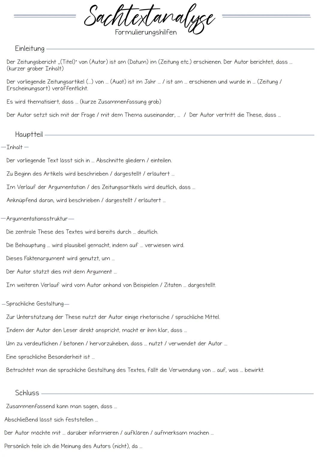 Sachtextanalyse
Formulierungshilfen
Einleitung
Der Zeitungsbericht,,(Titel)" von (Autor) ist am (Datum) im (Zeitung etc.) erschienen. Der Au