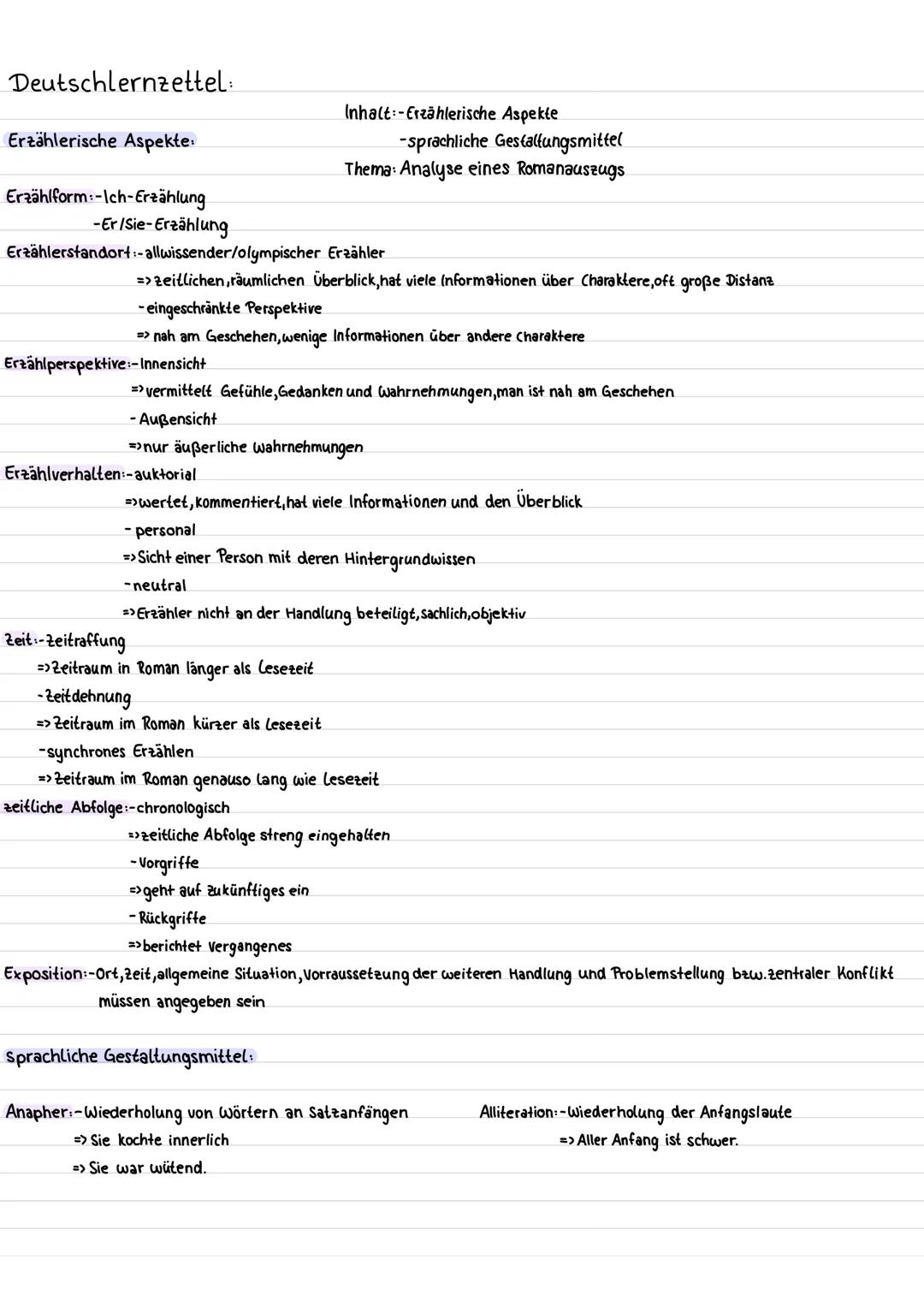 Deutschlernzettel:
Inhalt:-Erzählerische Aspekte
-sprachliche Gestaltungsmittel
Thema: Analyse eines Romanauszugs
Erzählerische Aspekte: