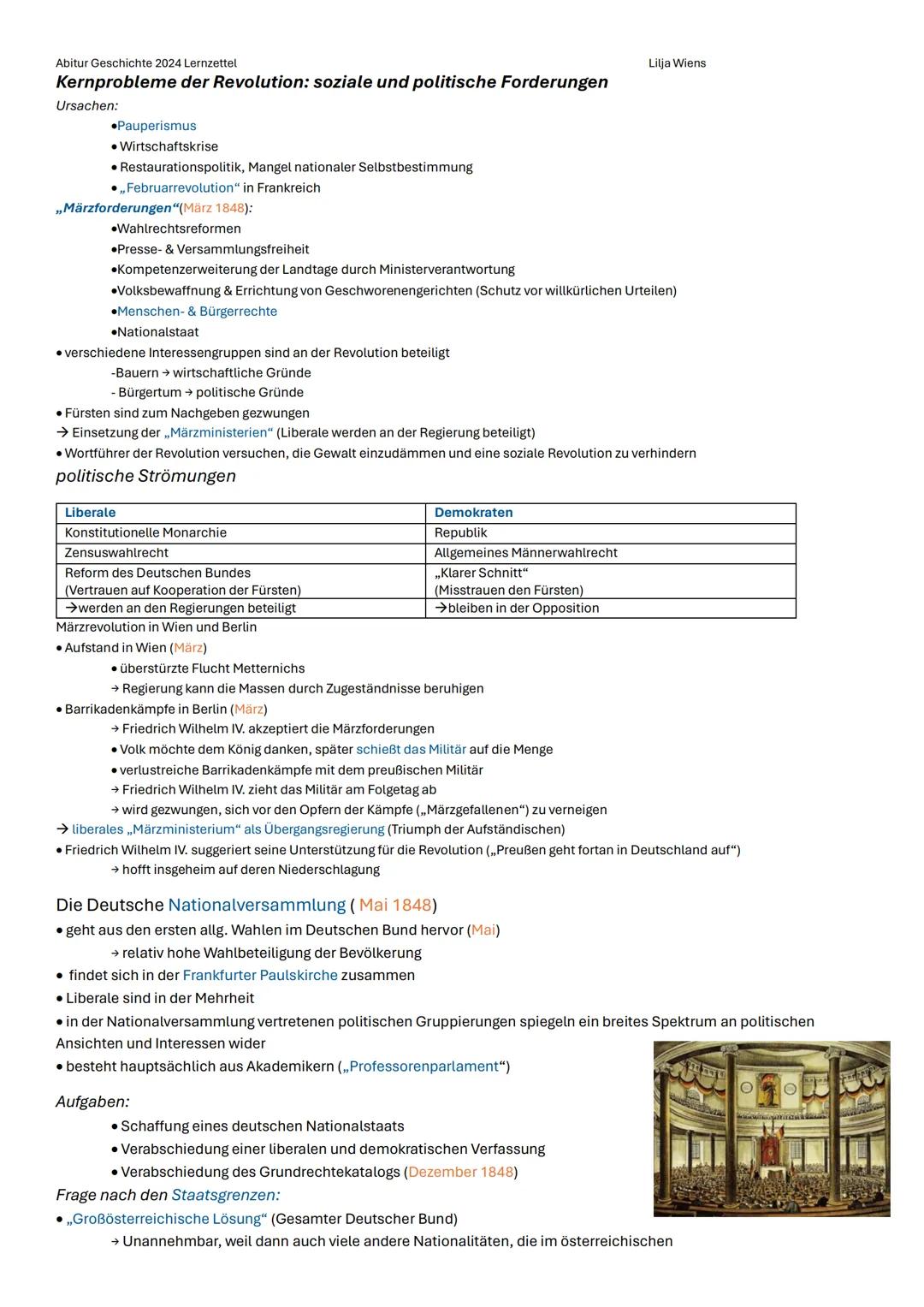 Abitur Geschichte 2024 Lernzettel
Lilja Wiens
Q1.1 Die deutsche Revolution von 1848/49 - Markstein auf dem Weg zu
Parlamentarismus, Demokrat