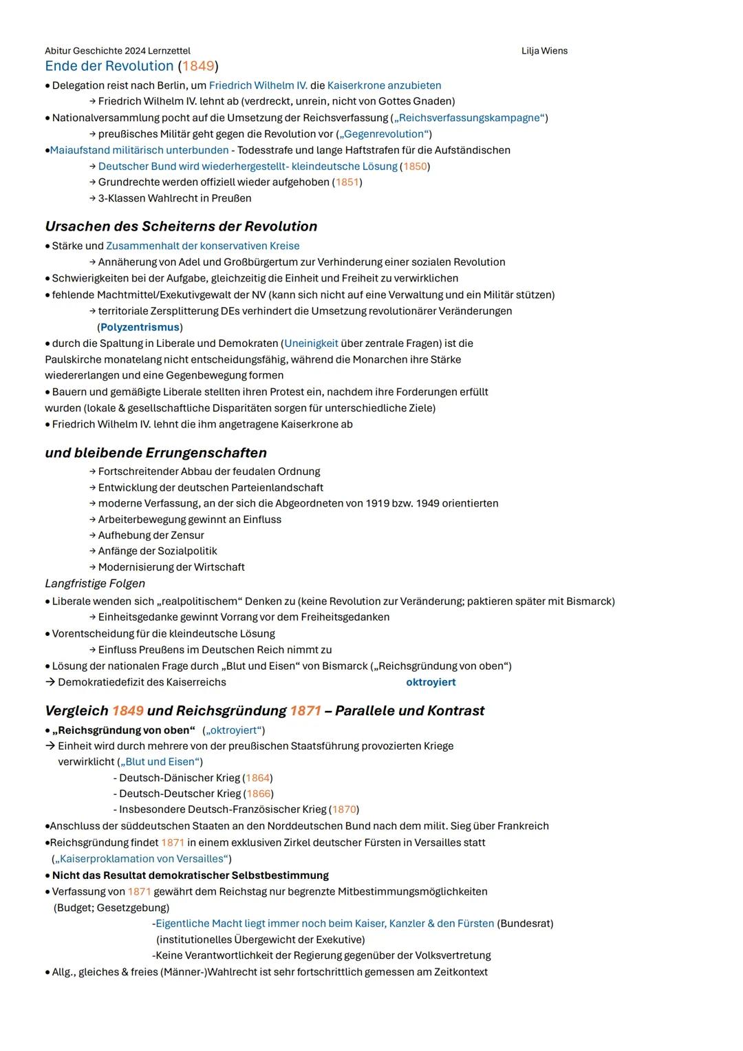 Abitur Geschichte 2024 Lernzettel
Lilja Wiens
Q1.1 Die deutsche Revolution von 1848/49 - Markstein auf dem Weg zu
Parlamentarismus, Demokrat