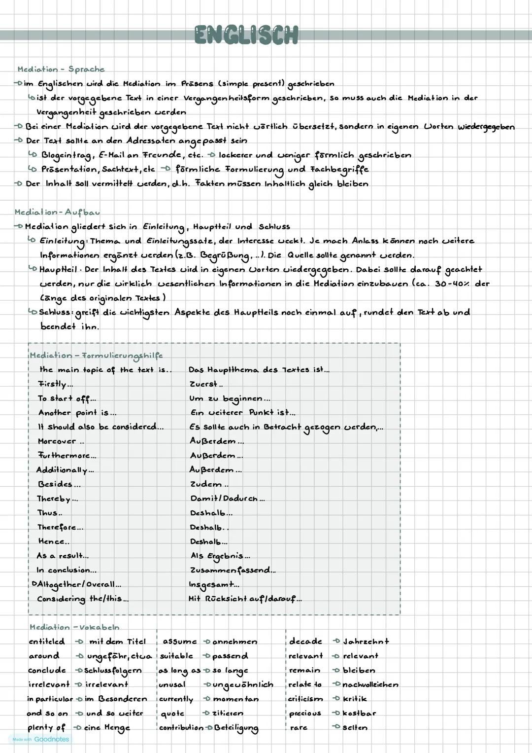 # ENGLISCH
Mediation Sprache.
-Dim Englischen wird die Mediation im Präsens (simple present) geschrieben
Loist der vorgegebene Text in ci