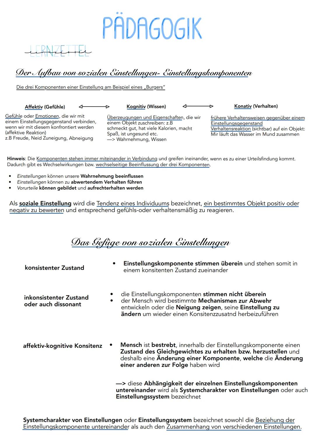 LERNIZETTEL
PÄDAGOGIK
Der Aufbau von sozialen Einstellungen- Einstellungskomponenten
Die drei Komponenten einer Einstellung am Beispiel eine