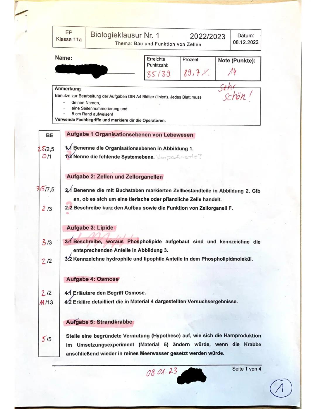 Altklausur (14 Punkte)
Biologie 11.1
Thema:
Bau und Funktion von
Zellen
→ Mit Aufgaben, Materialien
und von einer Lehrkraft
korrigierten Lös