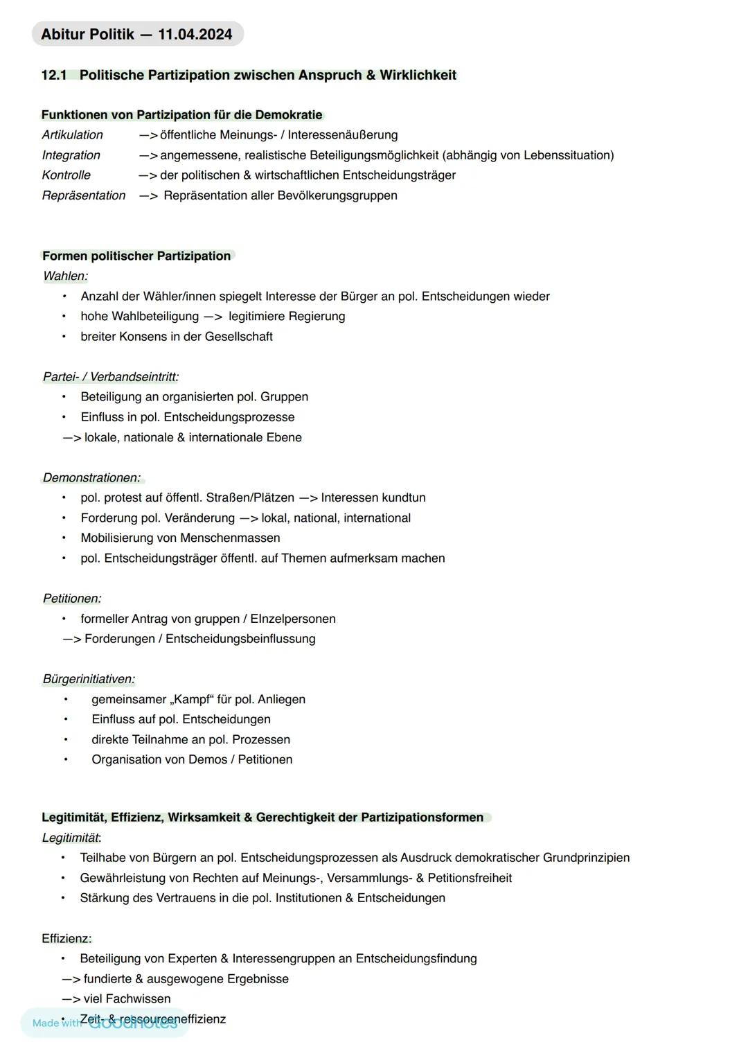 Abitur Politik - 11.04.2024
12.1 Politische Partizipation zwischen Anspruch & Wirklichkeit
Funktionen von Partizipation für die Demokratie
A