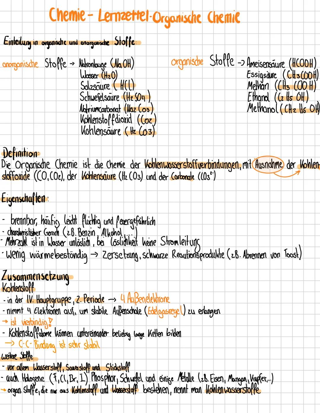 Chemie - Lernzettel Organische Chemie
Einteilung in organische und anorganische Stoffe
→
Wasser (H2O)
anorganische Stoffe Natronlouge (NaOH)