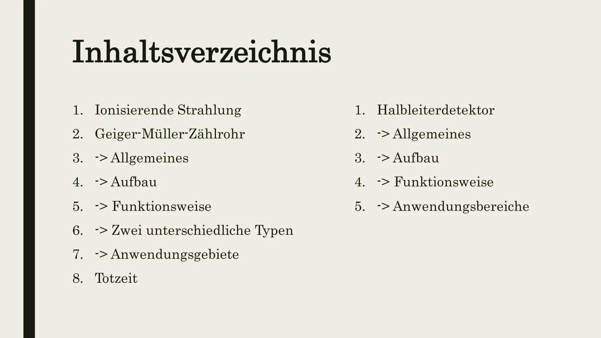 GEIGER-MÜLLER
ZÄHLROHR UND
HALBLEITERDETEKTOR
Eine Präsentation von WX
und YZ # Inhaltsverzeichnis
1. Ionisierende Strahlung
2. Geiger-Mül