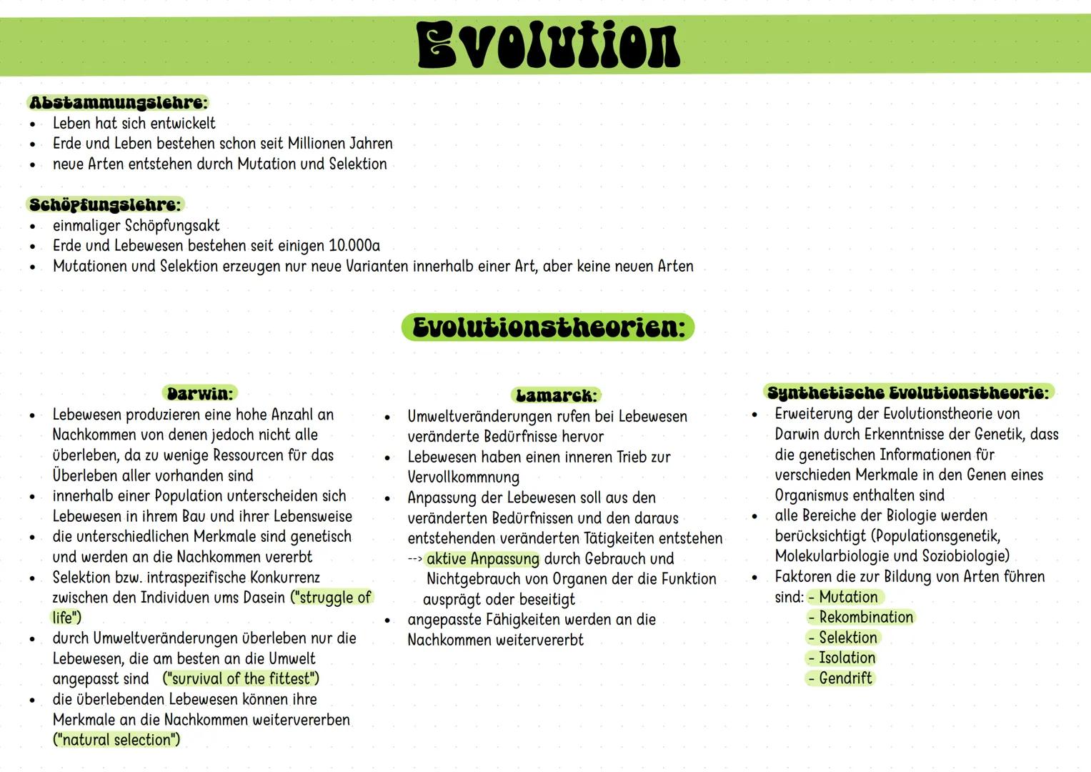 # Evolution
Abstammungslehre:
* Leben hat sich entwickelt
* Erde und Leben bestehen schon seit Millionen Jahren
* neve Arten entsteh