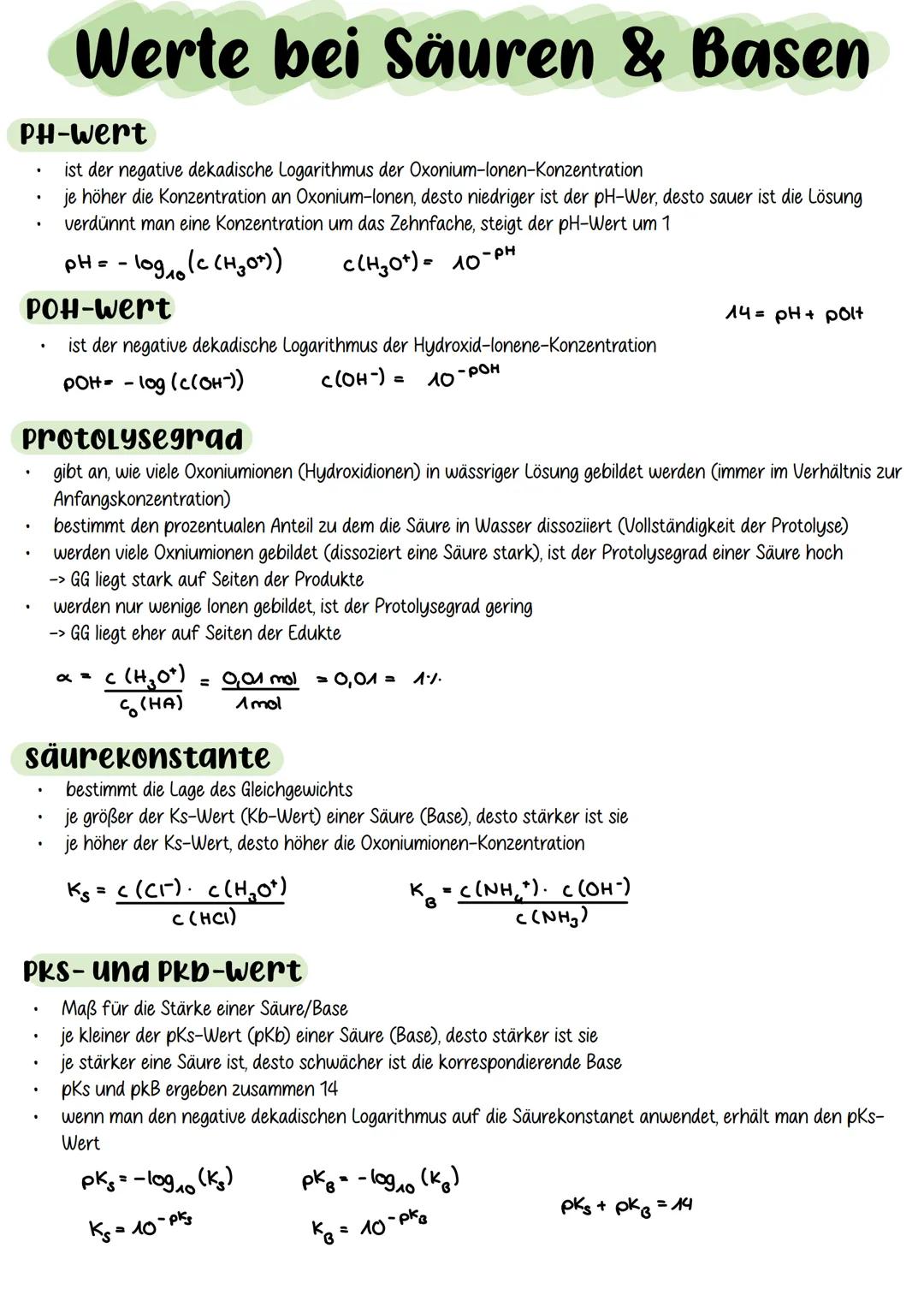 Werte bei Säuren & Basen
PH-Wert
.
•
•
ist der negative dekadische Logarithmus der Oxonium-lonen-Konzentration
je höher die Konzentration an