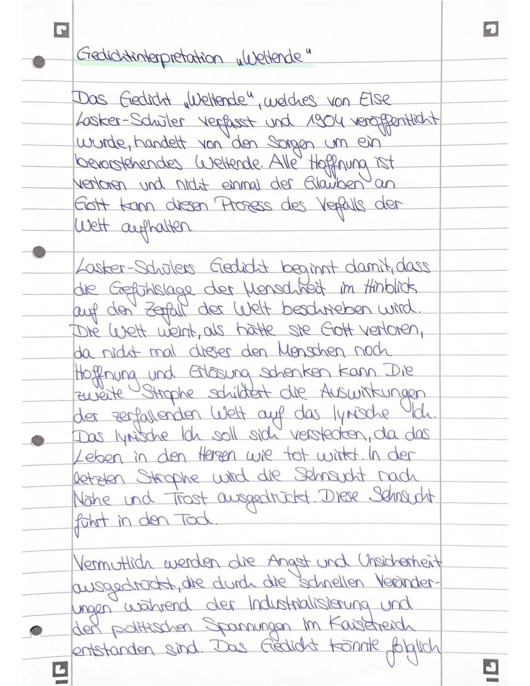 Gedichtinterpretation „Weltende“ von Else Lasker-Schüler