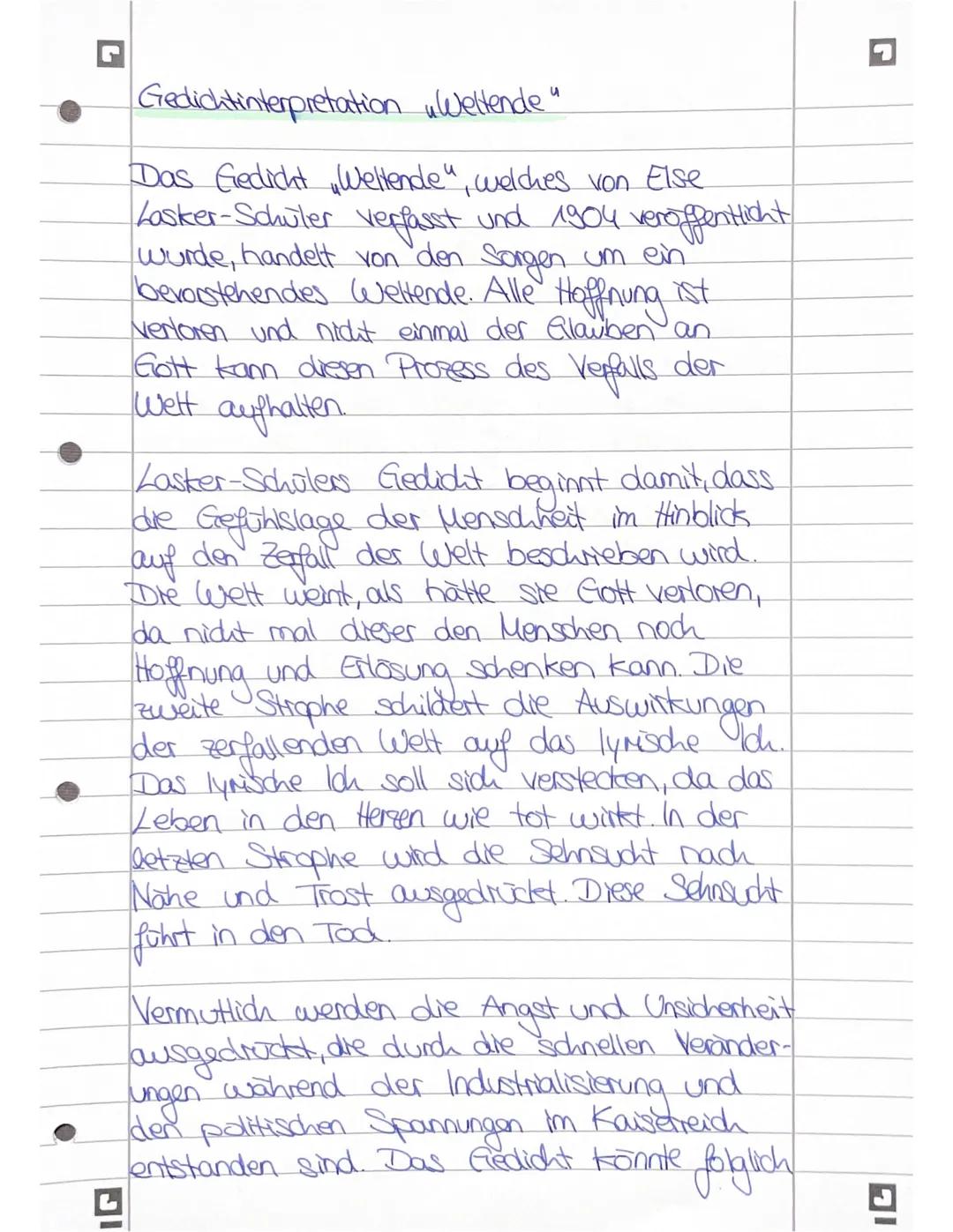 G
2
Gedichtinterpretation Weltende"
Das Gedicht Weltende", welches von Else
Lasker-Schüler verfasst und 1904 veröffentlicht
wurde, handelt v