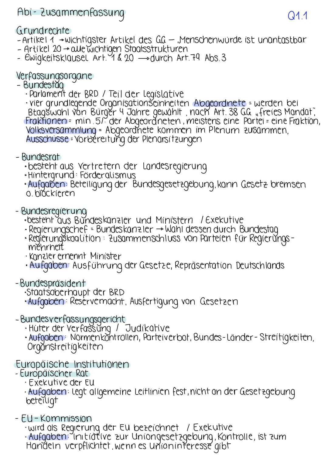# Abi - Zusammenfassung
Grundrechte
Q1.1
- Artikel 1 wichtigster Artikel des Ga-Menschenwurde ist unantastbar
- Artikel 20 alle wichtigen S