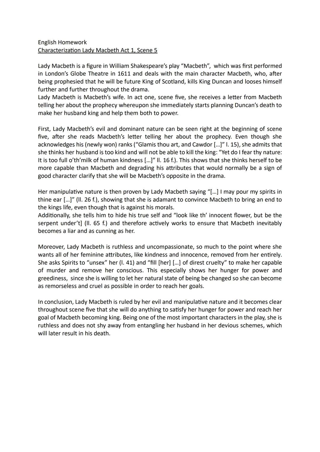 Characterization Lady Macbeth (Shakespeare‘s Macbeth) Act 1, Scene 5