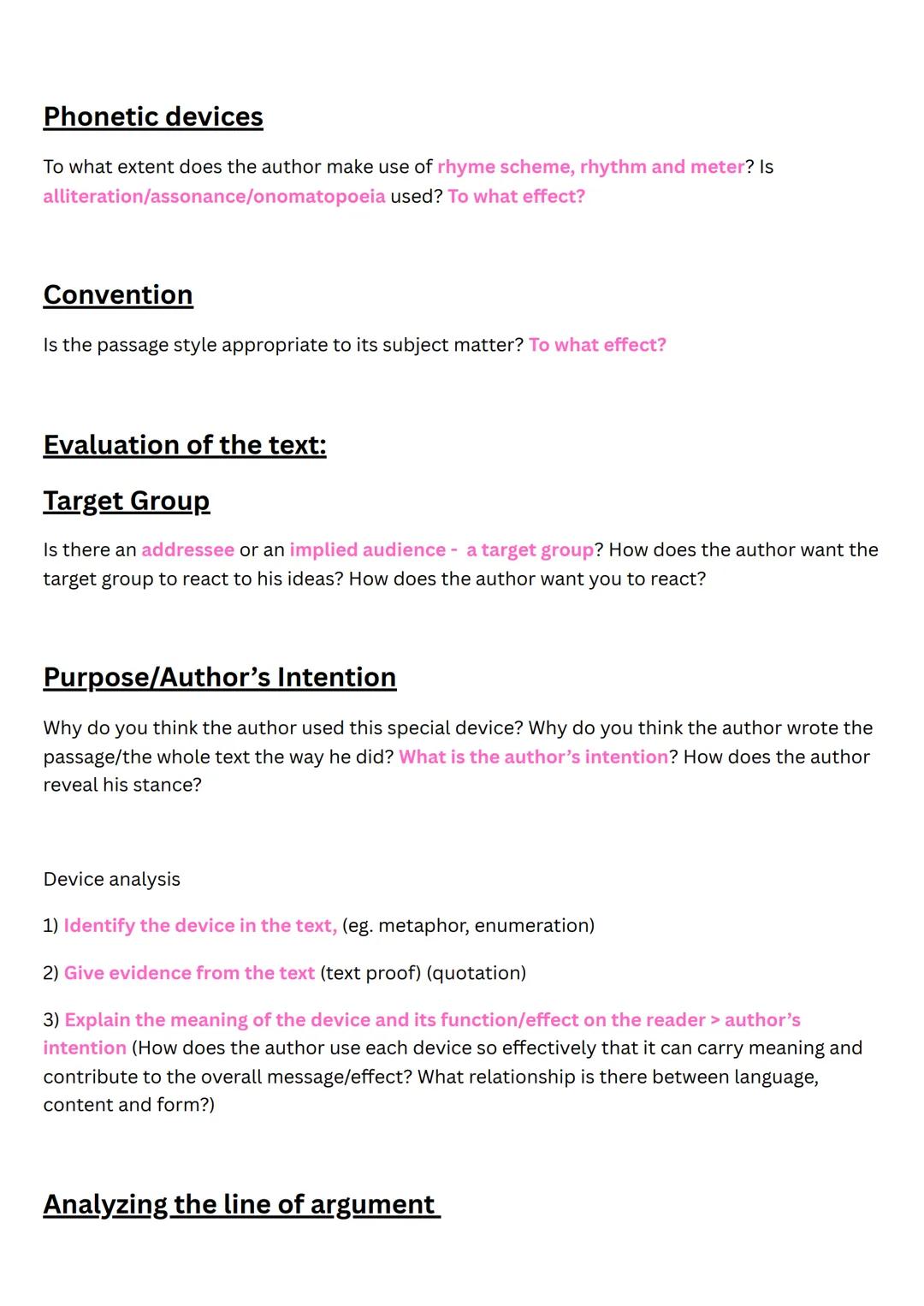 Text Analysis and Comment
Non-fictional text analysis
⚫ structure/line of argument (argumentative structure)
• style/tone/register/choice of